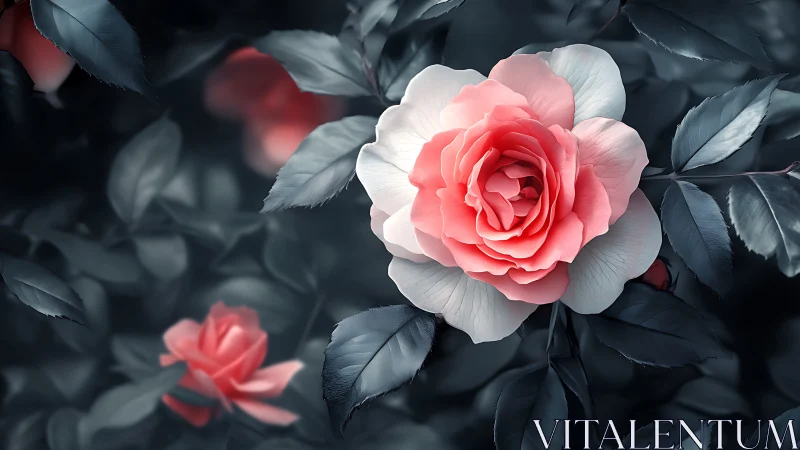 Pink Rose with White Petals in Moody Garden.