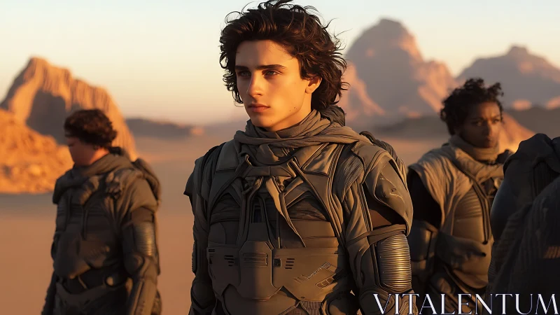 Desert explorers pause under gold washed alien sunlight.