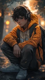 Boy in orange hoodie listens alone under soft city lights.