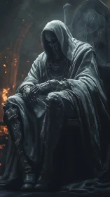 Brooding hooded ruler resting in a shadowed, fiery hall.