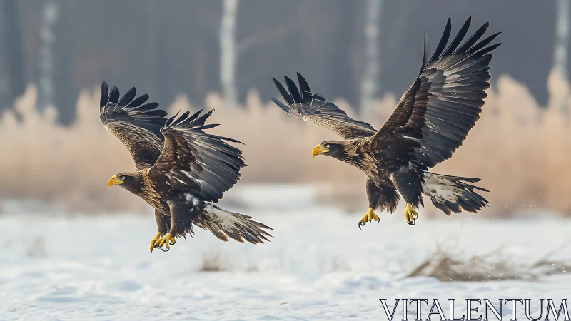 Two majestic eagles landing in snowy wilderness, wildlife photography.