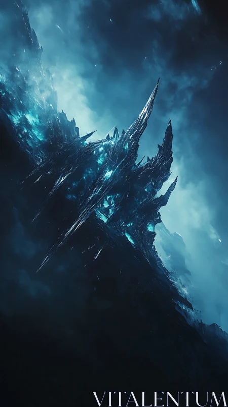 Shimmering crystal spires rise through stormy celestial mist