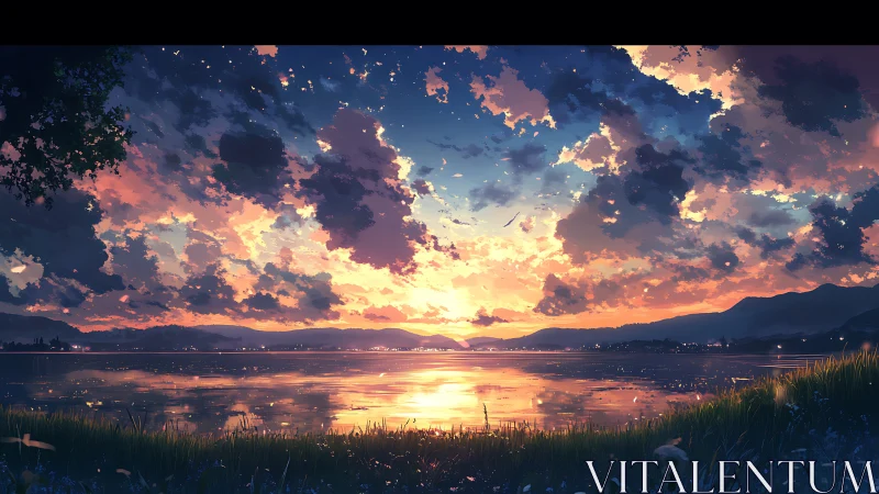 Sunset illuminates lake surface beneath dense cloud cover