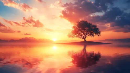 Solitary sunset tree adrift on molten watercolor horizon.