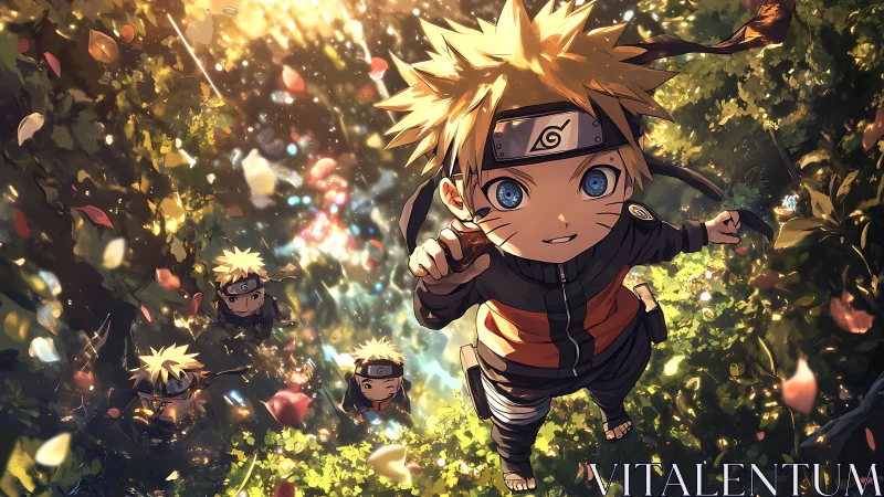 Bright eyed ninja child exploring a glowing forest path.
