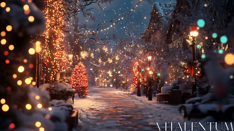 Cozy winter street glowing with twinkling holiday lights.