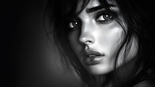 Monochrome female portrait with intense reflective gaze.