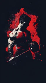 Muscular bodybuilder holding barbell against red splatter background