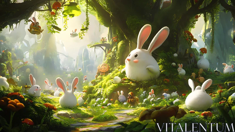 Sunlit forest bunnies gather in lush glowing clearing.