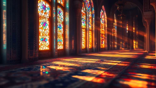 Spectral radiance through stained glass in vaulted corridor.