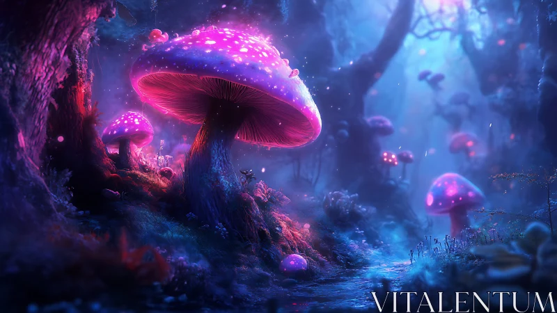 Bioluminescent mushrooms illuminate a misty, blue-violet fantasy forest