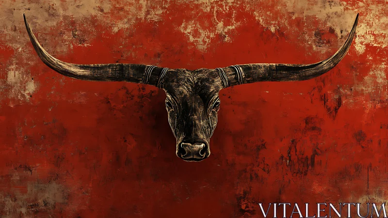 Longhorn shadow totem on burned umber prairie wall.