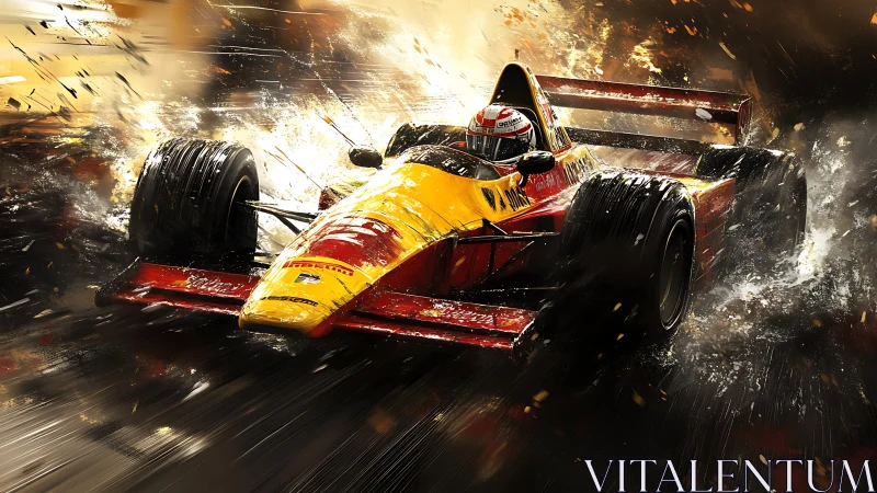 Formula race car cutting through wet track at speed.