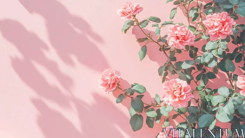 Pink Climbing Roses Against Sunlit Wall with Shadow Play.