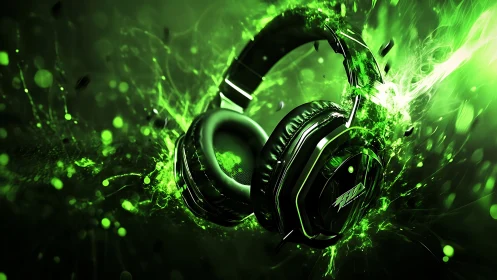 Green over-ear headphones amid abstract digital splashes.