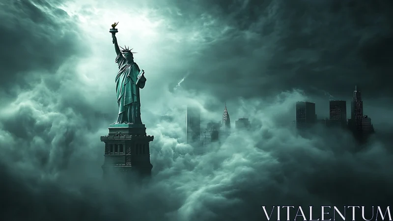 Statue of Liberty amid volumetric fog over submerged skyline.