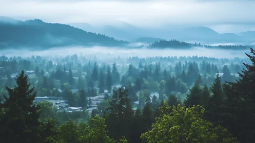 Misty Mountain Valley with Coniferous Forest Canopy and Atmospheric Inversion