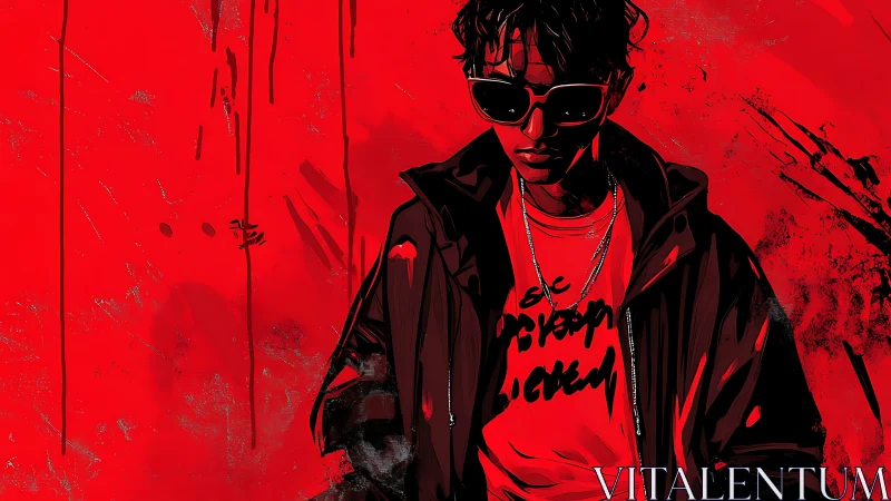 Young man in dark jacket stands against intense red wall