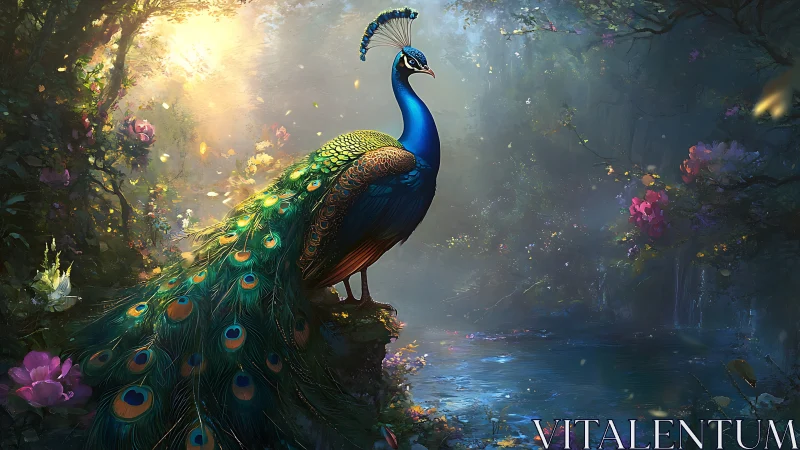 Majestic peacock beside enchanted forest pond at dawn.