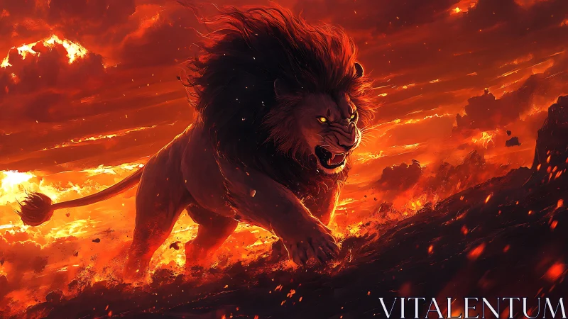 Volumetrically lit lion strides through eruptive lava field at dusk