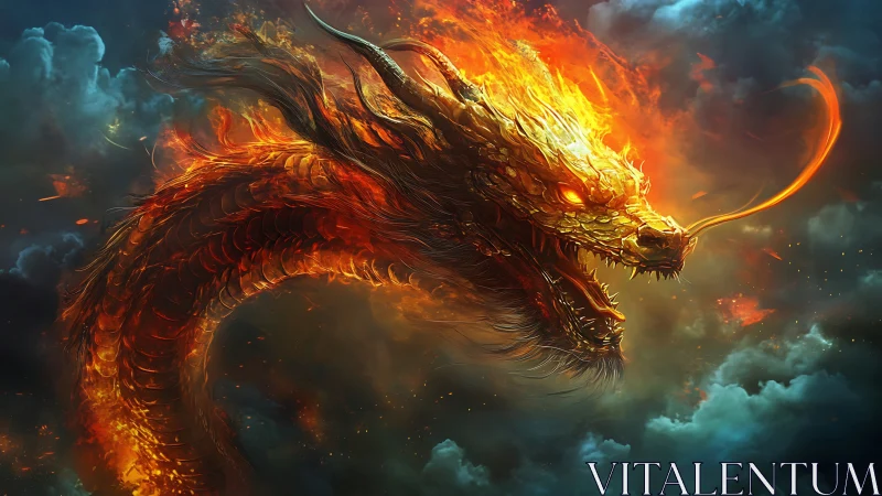 Volcanic fire dragon serpentine profile in storm clouds