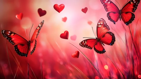 Scarlet lovewing butterflies drifting through heart-bright air.
