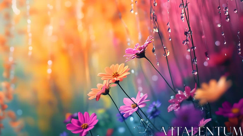 Vibrant Flowers with Dewdrops in Radiant Soft Focus Gradient