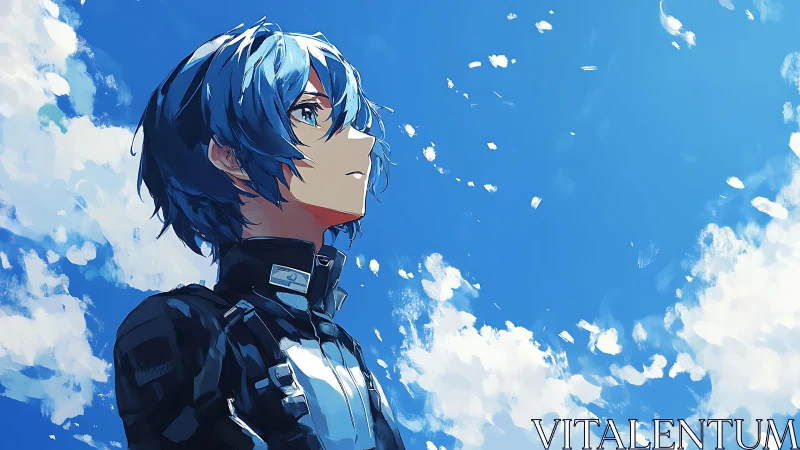 Blue haired anime soldier gazes upward under vivid sky