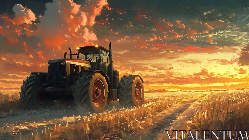 Golden-hour tractor resting quietly on glowing country fields.