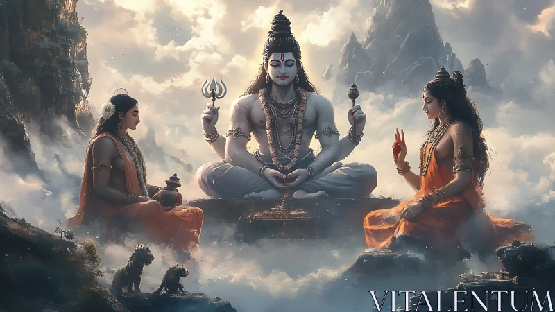 Divine Himalayan meditation unfolds among celestial clouds.