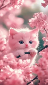A Precious White Kitten Among Blooming Pink Flowers