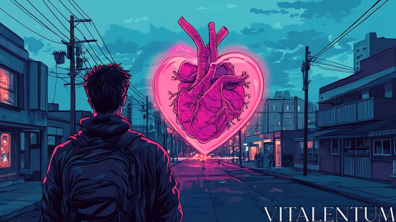 Neon anatomical heart hovering in cyan dusk urban streetscape