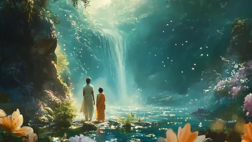 Serene pilgrims greet a luminous waterfall in dreamlit forest.