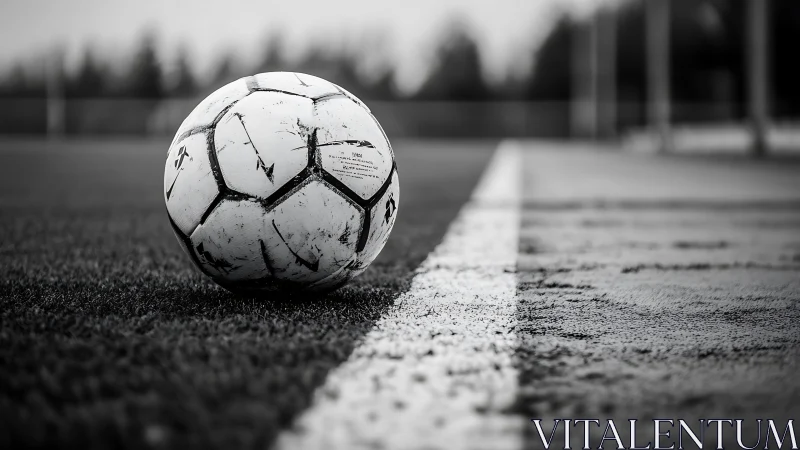 Monochrome soccer ball resting on textured touchline with shallow focus