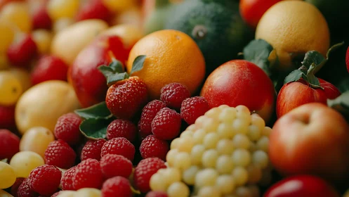 Raspberry clusters amid glossy mixed fruit in soft focus.