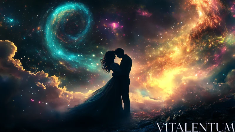 Starlit lovers embraced beneath swirling cosmic nebulae.
