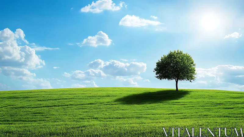 Lone tree stands over sunlit green meadow under blue sky.