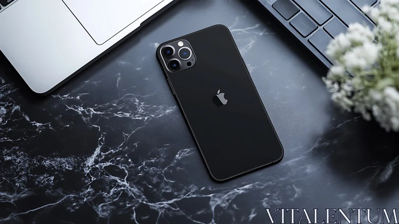 Black iPhone 12 Pro on Marble Desk with Laptop and Plants