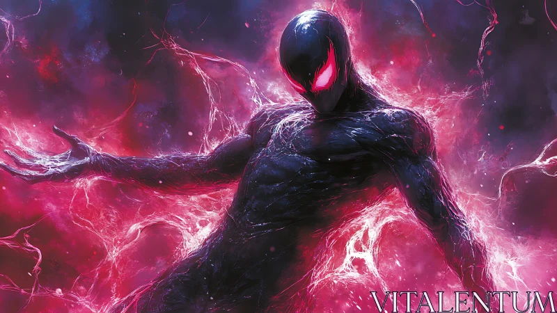 Dark humanoid figure is centered amid luminous red energy