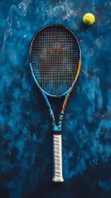 Tennis racket and ball rest against bold textured blue court