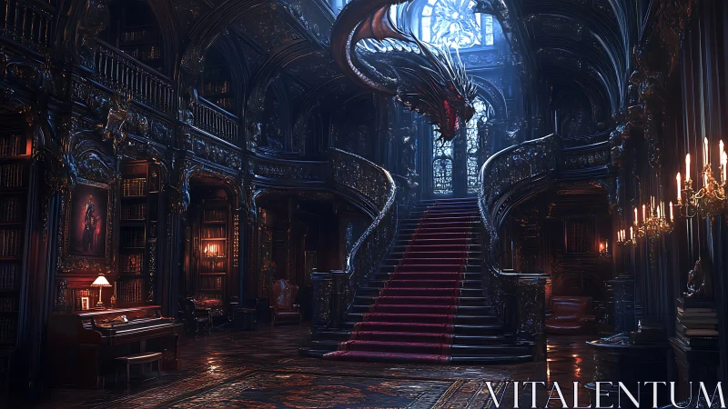 Baroque library staircase dominated by spectral dragon form