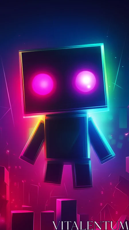 Neon voxel robot hovering above glowing cyber cityscape.