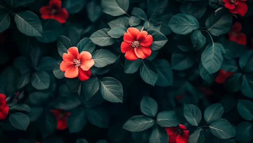 Deep Red Flowers with Teal Foliage: High-Contrast Botanical Composition