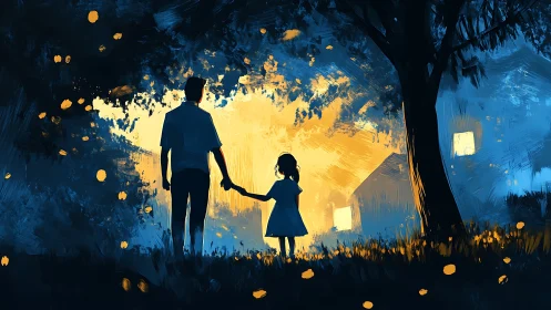 Silhouetted figures holding hands in luminescent cave aperture.