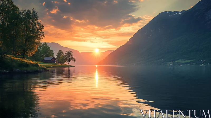 Lacustrine sunset over forested fjord slopes and shoreline dwellings.