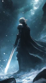 Armored warrior surveys a frozen pass under glacial moonlight