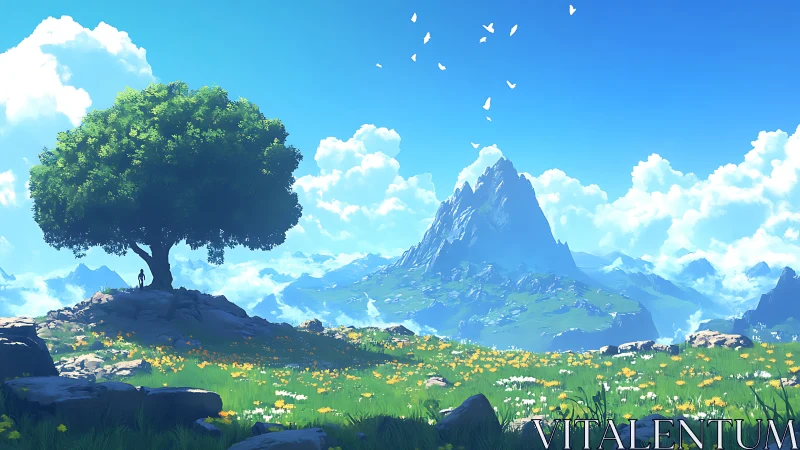 Lone tree silhouette overlooking stylized alpine valley panorama.