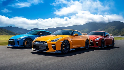 Tri-color performance coupes in synchronized high-speed motion.