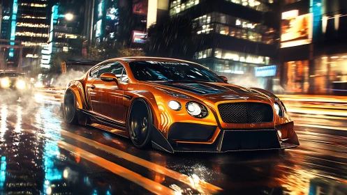 Orange sports coupe on wet neon city street at night.