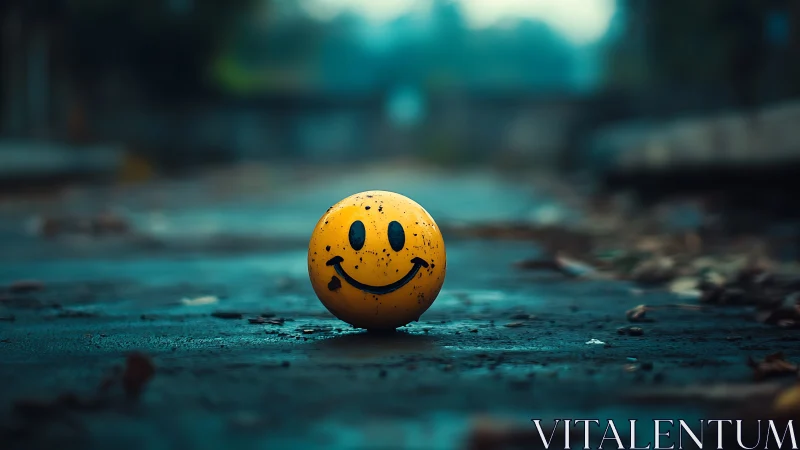 Grimy yellow smiley ball quietly rewrites a rainy street